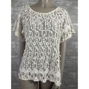 Sundance Large Cream Lace Embroidered Short Sleeve Blouse